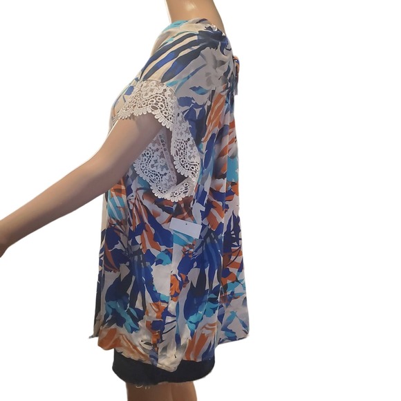 NEW 89th & Madison Lace Sleeve Blue Orange Floral Tie Back Elastic Neck Top - Picture 4 of 10